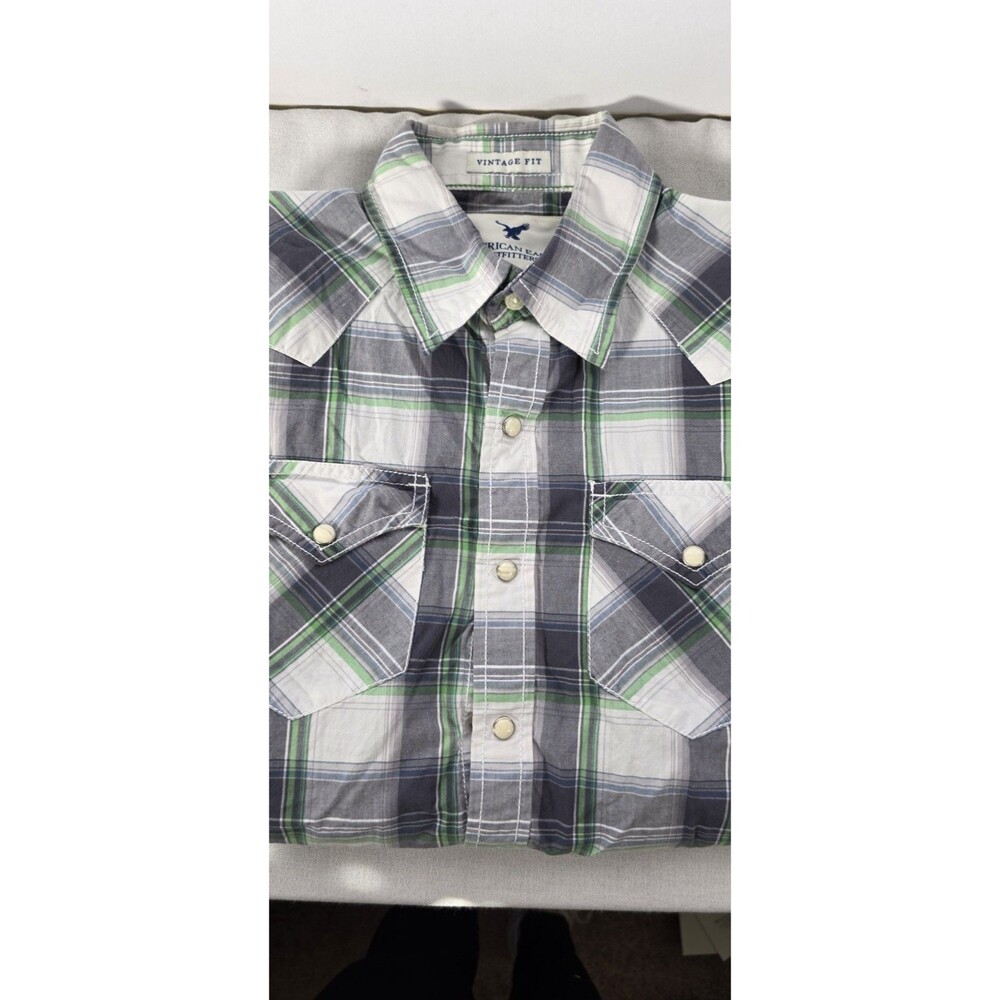 American Eagle Men’s Snap Down Shirt  -  Size XS Plaid Blue White